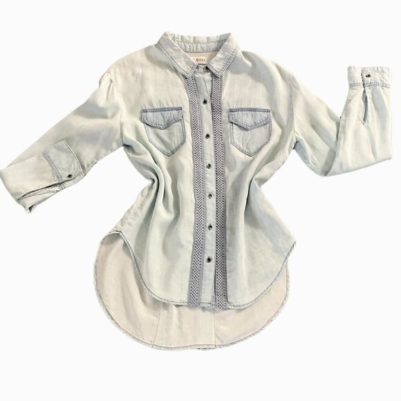 Knox Rose Chambray Shirt Long Sleeve Button Front  Sz XS Blue Crochet Trail #22A - Picture 1 of 7